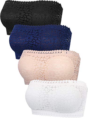Product Cover 4 Pieces Lace Chest Wrap Strapless Bandeau Bra Floral Lace Bra Top with Removable Pads