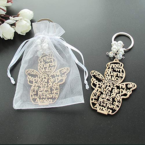 Product Cover Baptism Angel Key Ring Made from Wood (12 PCS) /Comunion Favors for Boy or Girl Recuerdos de Bautizo with Organza Bags