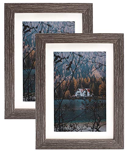 Product Cover Frametory, Frame with Ivory Mat for Photo, Smooth Wood Grain Finish Easel Stand, Sawtooth Hangers, Real Glass - Landscape/Portrait, Wall/Table Display (Rustic Grey, 5x7 Frame for 4x6 Photo, 2-Pack)