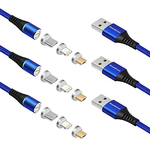 Product Cover Smart&Cool 7 pins Round 3 in 1 Max 3.0A Fast Charging & Data Sync Magnetic Cable Compatible with USB-C Phones, i-Product and Micro-USB Interface Phones & Tablets (Blue-3Pack, 5 Feet)