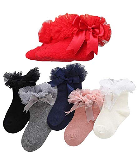 Product Cover MarJunSep 6 Pairs Baby Girls Summer Ruffles Lace Frilly Socks Toddler Little Girl Dress Princess Bow Ankle Socks