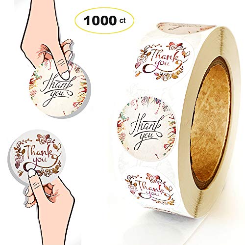 Product Cover 2 Designs Flower Shape Thank You Stickers Roll (1000 Stickers/Roll) Adhesive Labels 1.5 inch with Flower Decorative Sealing Stickers for Christmas Gifts,Cards, Wedding, Party,Envelope,Present