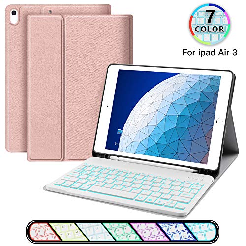 Product Cover iPad Keyboard Case for iPad Pro 10.5, JUQITECH Smart Case with Backlit Keyboard for iPad Air 3 10.5, iPad 3rd Gen Detachable Wireless Rechargeable Back lit Keyboard Cover with Pencil Holder, Rose Gold