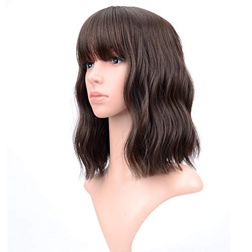 Product Cover VCKOVCKO Short Bob Wigs Natural Black Wavy Wig With Air Bangs Women's Shoulder Length Wigs Curly Wavy Synthetic Cosplay Wig Pastel Bob Wig for Girl Colorful Wigs(12