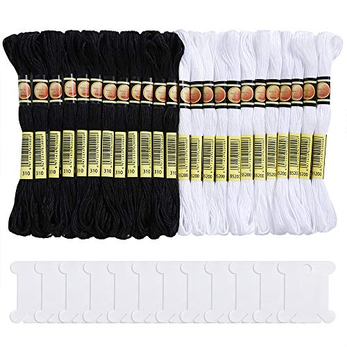 Product Cover Pllieay 24 Skeins Cross Stitch Threads, Black and White Halloween Cotton Embroidery Floss Friendship Bracelets Floss with 12 Pieces Floss Bobbins for Knitting, Cross Stitch Project