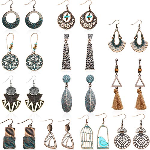 Product Cover 12 Pairs Vintage Earrings Turquoise Earrings Bohemian Earrings Vintage Dangle Earrings Geometric Dangle Pendant Earrings for Women Girls (Style A)