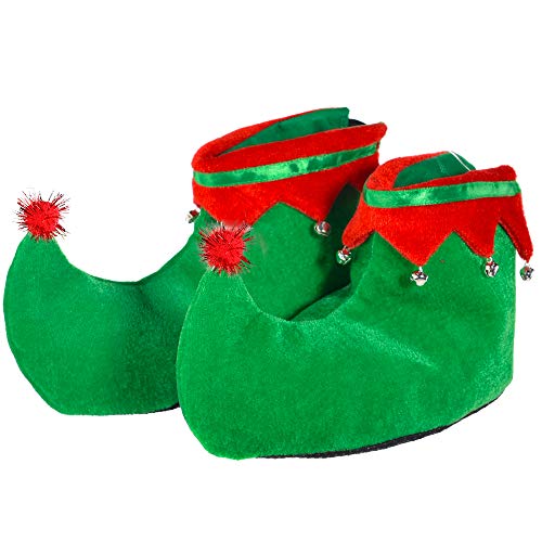 Product Cover Skeleteen Red Green Elf Shoes - Red and Green Velvet Holiday Elf Feet Slippers with Jingle Bells for Adults and Kids