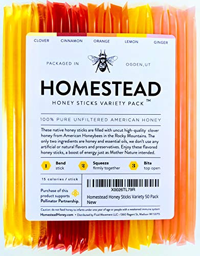 Product Cover Homestead Flavored Honey Sticks, 5 Flavors Include Clover, Cinnamon, Orange, Lemon, Ginger, Pure American Honey Stix with Essential Oils for Taste (50 Pack)