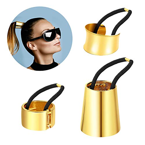 Product Cover Ponytail Cuff Gold For Women Girls Gothic Punk Metal Hair Ties Circle Hair Holder Elastic Hair Band Fashion Hair Accessories For Ladies Thick Hair Rings Set 3 Styles 