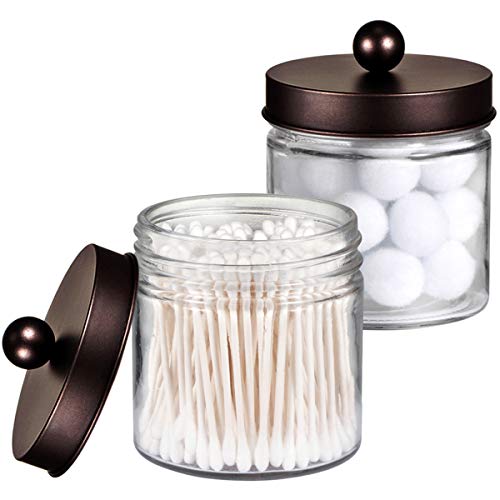 Product Cover Bathroom Vanity Glass Storage Organizer Holder Canister Apothecary Jars for Cotton Swabs, Rounds, Balls, Qtips,Makeup Sponges, Flossers,Bath Salts - 2 Pack, Clear (Bronze)