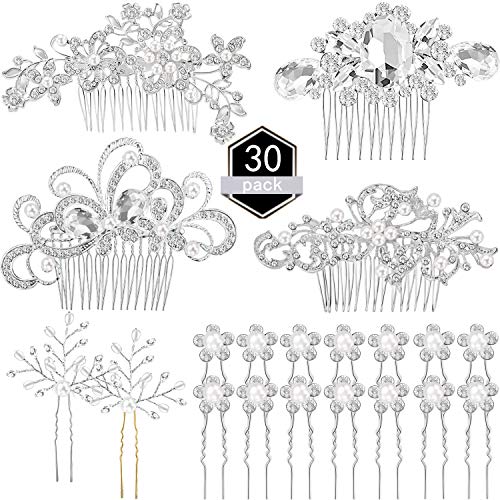 Product Cover 30 Pieces Wedding Bridal Hair Accessories Set 4 Pieces Rhinestone Wedding Hair Side Combs, 2 Pieces U-shaped Silvery Hair Clips, 24 Pieces Imitation Pearl Hairpins