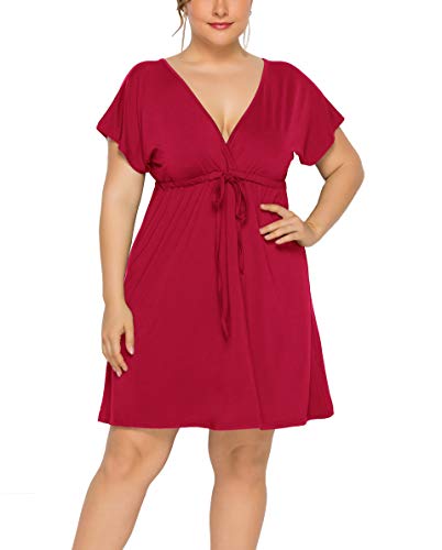 Product Cover FUHUANDA Women's Plus Size Dresses Summer Sexy Deep V-Neck Short Sleeve Casual Swing Drawstring Waist Midi Dress (XXL, Red)