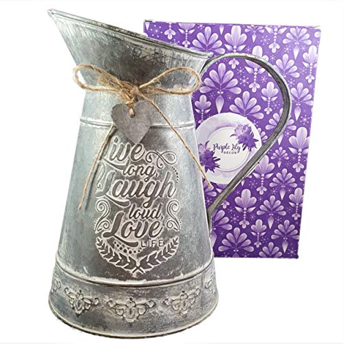 Product Cover Purple Lily Décor Galvanized Metal Vintage Vase with Gift Box - Farmhouse, Rustic Jug with Embossed Live, Laugh, Love Inspirational Quote - Decorative Pitcher as Table Centerpiece for Fresh Flowers