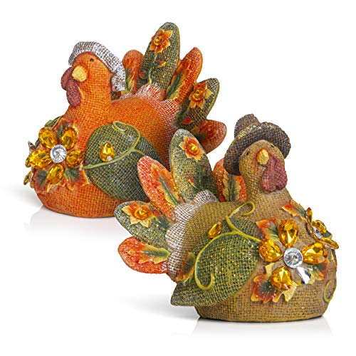 Product Cover Thanksgiving Decorations Turkey Friends, 2 Piece Set, Cute Fall Decor Home Living Room and Kitchen Autumn Displays, Burlap and Ceramic with Leaves and Jewels