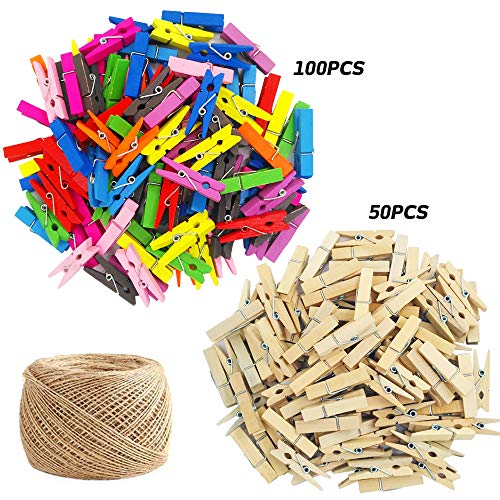 Product Cover 150 Pieces Mini Colored Natural Wooden Clips with Jute Twine, findTop Multi-Function Mini Clothespins Photo Paper Peg Pin Craft Clips, Jute Twine- 320 Feet for Home Arts Crafts Decor