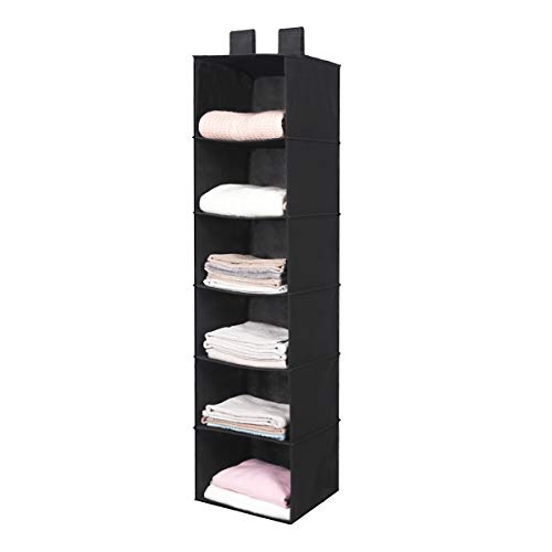 Product Cover MustQ Hanging Closet Organizer, Space Saver, Hanging Storage Shelves with 2 Widen Straps, 6-Shelves Closet Hanging Sweater Organizer (Black)
