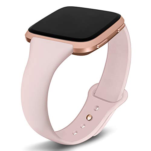 Product Cover Kmasic Compatible Versa Bands, Slim Soft Silicone Small Replacement Wristband for Versa/Versa Lite Edition Women Men (Sand Pink with Rose Gold Button, Small 5.5