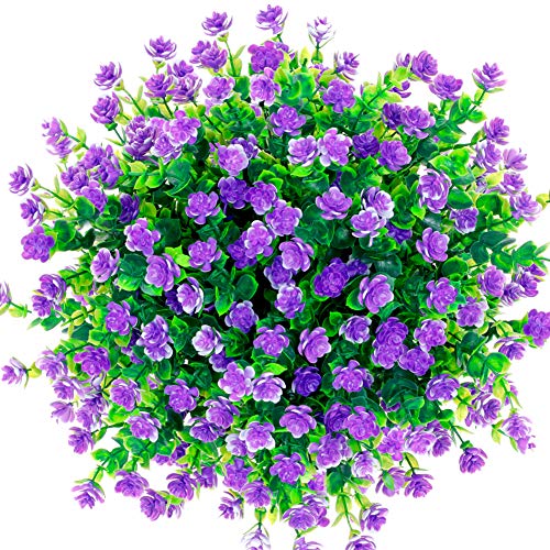 Product Cover CQURE Artificial Flowers, Fake Flowers Artificial Greenery UV Resistant Outdoor Plants Eucalyptus Faux Plastic Shrubs Outside for Home Garden Porch Party Wedding Decoration 5 Bunches (Purple)