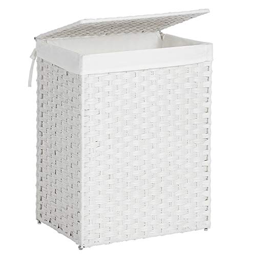 Product Cover SONGMICS Handwoven Laundry Basket, Synthetic Rattan Clothes Hamper with Lid and Handles, Foldable, Removable Liner Bag, White ULCB51WT