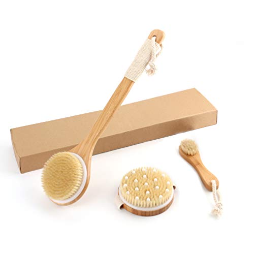 Product Cover Bath Body Brush Set - Best for Cellulite, Detoxifying, Lymphatic Drainage & Skin Exfoliating- Natural Boar Bristle Spa Kit - Includes Long Handle Back Massager Scrubber and Facial Brush