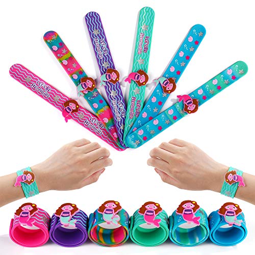 Product Cover FROG SAC 6 Mermaid Slap Bracelets for Kids, Girls and Women - Girls Mermaid Theme Birthday Party Favors and Supplies - Mermaid Charm Silicone Snap Bracelet Set - Holiday Stuffers, Goodie Bag Fillers