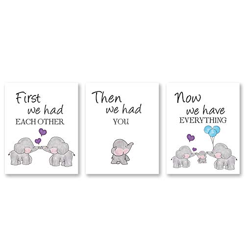 Product Cover Kairne Cute Baby Elephant Watercolor Art Print, Set of 3 Balloon Elephant Family Love Quote Wall Art Poster, Living Room Bedroom Home Decor Nursery Art Canvas,Unframed 8x10 Inch
