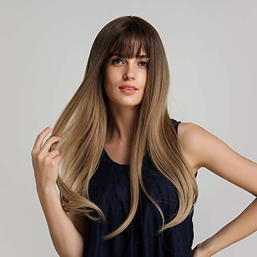 Product Cover Long Brown Wigs with Bangs Luckyfine Long Straight Synthetic Wig, Brown Tawny Ombre Natural Looking Wigs Cosplay Party Halloween Cosplay Costume Wig for Women Girls Dress Dating-22''