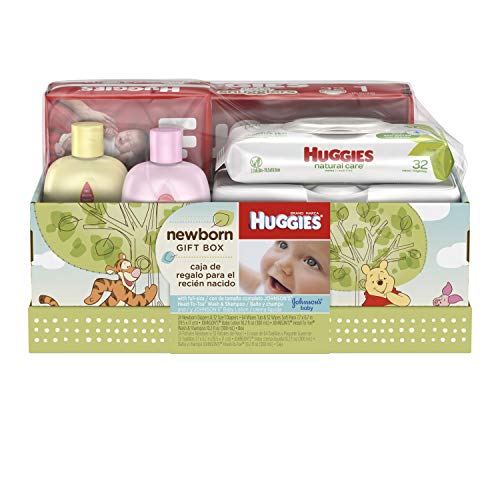 Product Cover Huggies Newborn Gift Box - Little Snugglers Diapers (Size Newborn 24 Ct & Size 1 32 Ct), Natural Care Unscented Baby Wipes (96 Ct Total), and Johnson's Shampoo & Baby Lotion (Packaging May Vary)