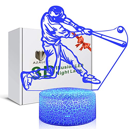 Product Cover 3D Illusion Playing Baseball Night Light Lamp 7 Color Change Touch White Crack Base AZALCO Birthday Gift