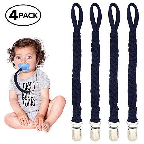 Product Cover Braided Pacifier Clips for Boys& Girls, 4 Pack Universal Hand-Made Baby Pacifier Leash, Flexible Baby Teething Ring Holders for All Pacifiers, Teether Toys, Soothie(All Navy Blue)