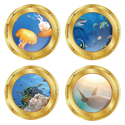Product Cover 4 PCS Removable 3D Under The Sea Nature Scenery Wall Decals Animals Wall Sticker Home Wall Art Decor for Bathroom Bedroom Door Kids Baby Nursery Room Includ Sea Turtles Shark Fish Coral Plants