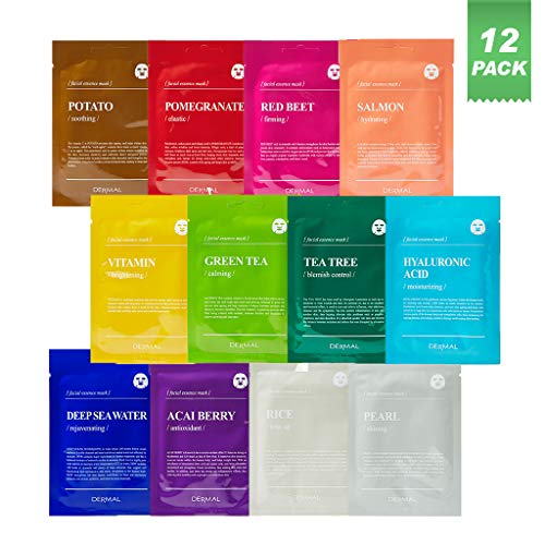 Product Cover DERMAL Color Facial Essence Mask Sheet 25g Pack of 12 - Nutritious Ingredients Moisturizing Facial Mask Sheet Combo Set, 100% Natural Sheet, Water Type Refreshing Essence, Quick Absorption