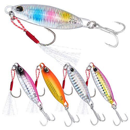 Product Cover RUNCL Jigging Lures, Fishing Jigging Spoons 20g - Fish Profile, UV Coating, Gold Finish, 3D Lifelike Eyes, Hand-Tied Bucktail Trailer, Proven Colors - Hard Fishing Lures (Pack of 5)