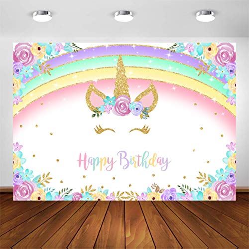Product Cover COMOPHOTO Rainbow Unicorn Backdrop 7x5ft Gold Unicorn Birthday Backdrop Glitter Rainbow Floral Party Photography Background Unicorn Baby Shower Party Banner Supplies