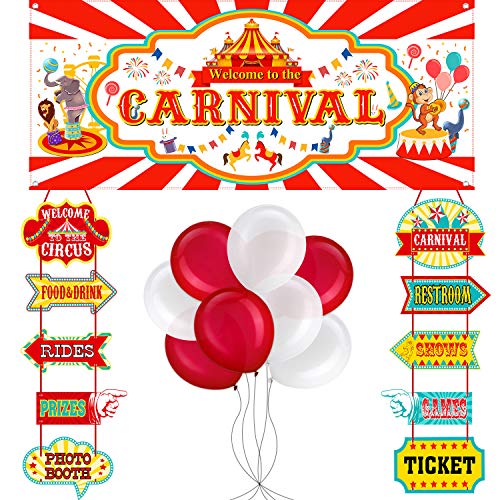 Product Cover 46 Pieces Circus Carnival Party Decoration Set Circus Theme Carnival Banner Carnival Cutouts and Circus Color Balloons Circus Carnival Party Suppliers and Favors