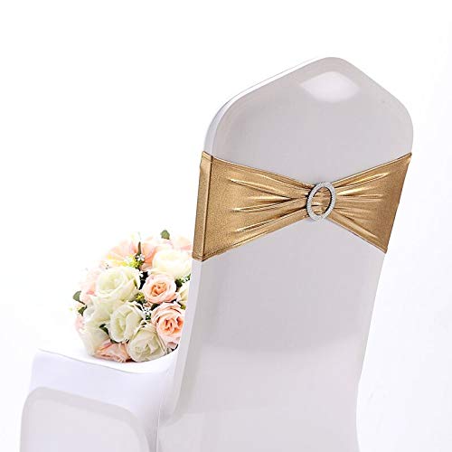 Product Cover Yetomey 10PCS Chair Sashes Spandex Bow Chair Bands with Buckle Slider Sashes for Wedding Banquet Party Event Decoration (Metallic Gold)