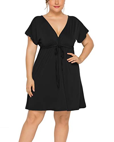 Product Cover FUHUANDA Women's Plus Size Dresses Summer Sexy Deep V-Neck Short Sleeve Casual Swing Drawstring Waist Midi Dress (XXXL, Black)
