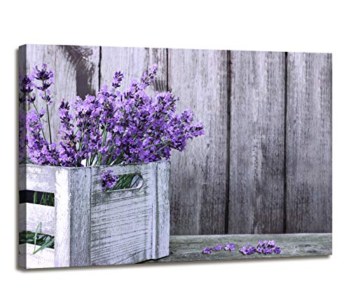 Product Cover Canvas Prints Rustic Home Decor Canvas Wall Art - Purple Lavender Flowers on Vintage Wood Background Modern Living Room/Bedroom Decoration Stretched and Ready to Hang