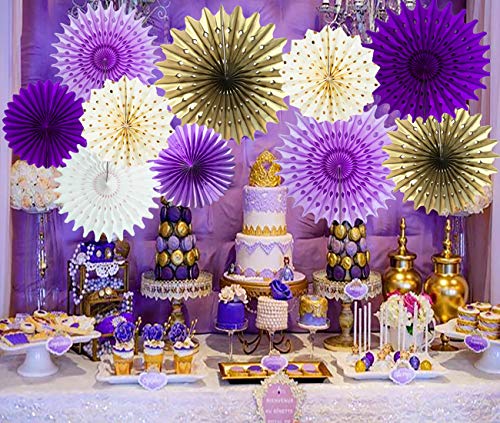 Product Cover Qian's Party Purple Gold Baby Shower Decorations Purple Gold Paper Fan Flower for Purple Gold Bridal Shower Decorations/Purple Gold Birthday Party Decor/Photo Backdrop