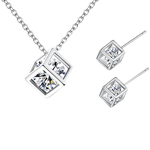 Product Cover andy cool Silver Square Sparkling Crystals Women Wedding Beautiful Necklace Pendant Earrings Jewelry Set Lover Gifts