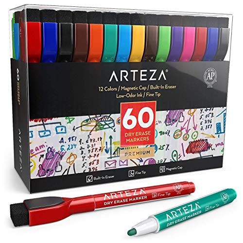 Product Cover ARTEZA Magnetic Dry Erase Markers with Eraser, Pack of 60 (with Fine Tip), 12 Assorted Colors with Low-Odor Ink, Whiteboard Pens is perfect for School, Office, or Home