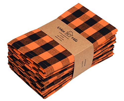 Product Cover Urban Villa,Orange/Black Buffalo Check Plaid set of 12 Dinner Napkins,Premium Quality,100% Cotton, Size 20x20 inches, Over sized Cloth Napkins with Mitered Corners, Durable Hotel Quality