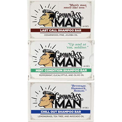 Product Cover Grown Ass Man Co. - Solid Shampoo Bar Rich Lather 3 in 1: Hair, Beard and Body Wash - 4 ounce bar (Variety, 3-Pack)