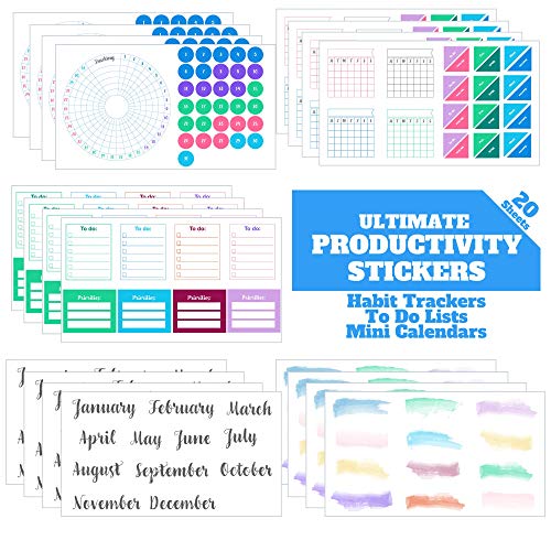 Product Cover Ultimate Productivity Planner Stickers Set - Large Value Pack with Over 350 Custom-Designed Stickers, Supplies for Bullet Journals, Calendars, to Do Lists, Goals and Habit Trackers by Sunny Streak