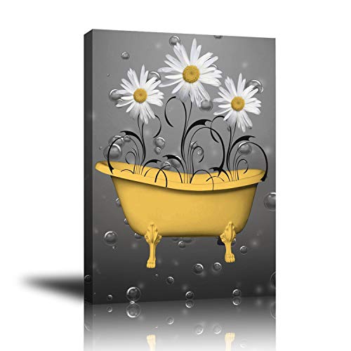 Product Cover Wall decor Premium Giclee Canvas Wall Art, Abstract Canvas with White Gray Daisy, Framed Prints Pictures to Hang for Livingroom - Bedroom - Bathroom - Kitchen (Yellow)