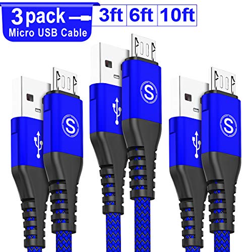 Product Cover Micro USB Cable Android Charger,3Pack(10ft+6ft+3ft) AviBrex Micro USB to USB A High Speed Nylon Braided Cord for Samsung Galaxy S7 Edge/S7/S6 J7 Note 5, Kindle,HTC,LG, Xbox One, PS4 (Blue)
