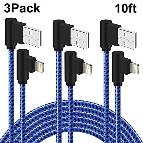 Product Cover Right Angle iPhone Charger 10 FT Braided Lightning Cable 90 Degree 3 Pack Charging & Syncing Cord Compatible with iPhone/XS/XR/X/8/7/6/iPad etc(Blue Black,10ft)