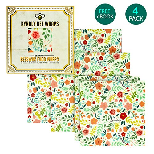Product Cover KYNDLY Beeswax Food Wrap. Eco-Friendly Reusable Wrappers. 100% Organic Cotton, Non Toxic, All Natural Food Grade Storage. Sustainable, Compostable and Biodegradable. 4 Pack, 2xS 1xM 1xL (CLASSIC)