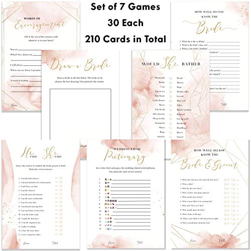 Product Cover Bridal Shower Games (Set of 7 Games, 30 Cards Each Thick Cardstock) - Pink & Gold Theme - (Suitable For All Ages) - Perfect For Celebrating Any Bride-to-Be At A Wedding Shower