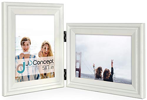 Product Cover JD Concept Vertical Horizontal Combo, Double 5x7 White Wood Hinged Picture Frame, Desk-top or Wall Mounted, Portrait and Landscape View